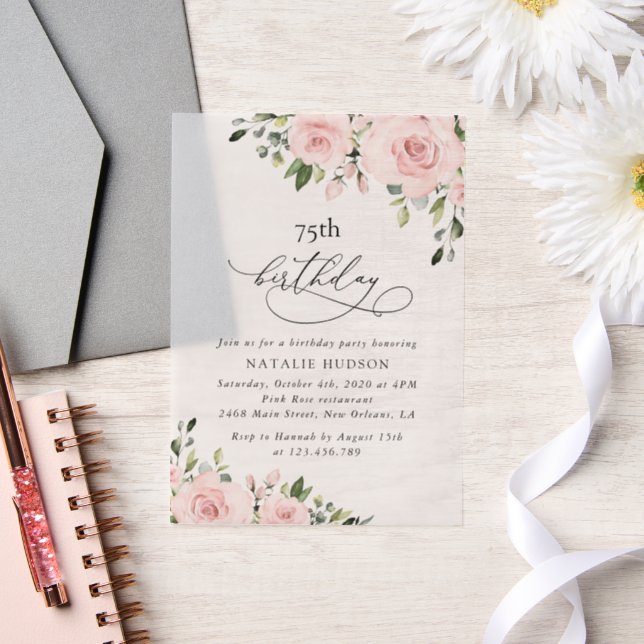 Invitations En Vélin Blush Flowers, Pink Flowers, Greenery, Birthday (Mariage)