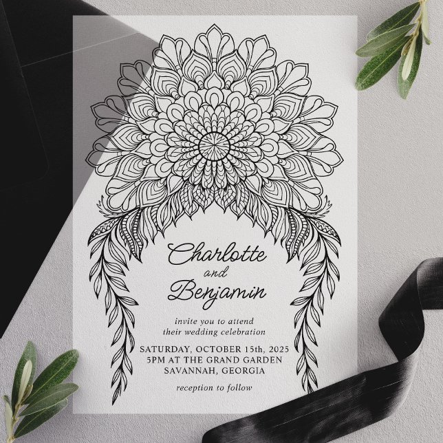 Invitations En Vélin Boho noir Mandala Mariage de vigne feuillus (Créateur téléchargé)