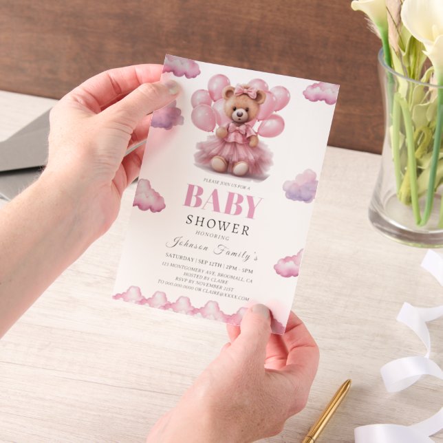 Invitations En Vélin Boho ours bébé fille rose Baby-shower (Ordinateur de poche)