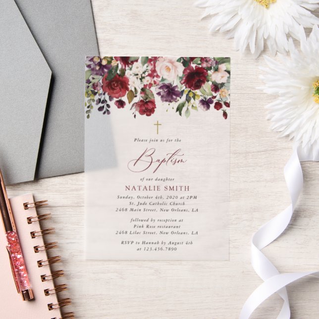 Invitations En Vélin Burgundy Flowers, Pink Flowers, Floral Baptism (Mariage)