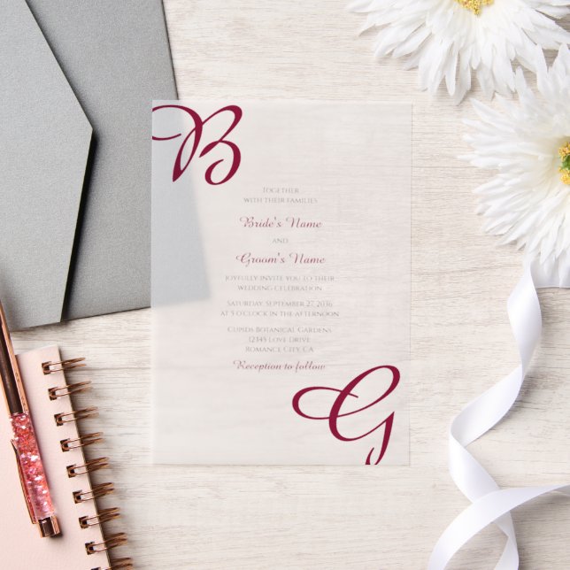 Invitations En Vélin Burgundy Maroon Initiales Mariage de automne d'aut (Mariage)