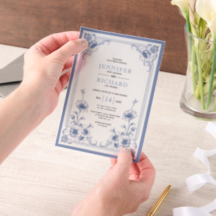 Invitations En Vélin Cadre bleu élégant vintage à fleurs mariage