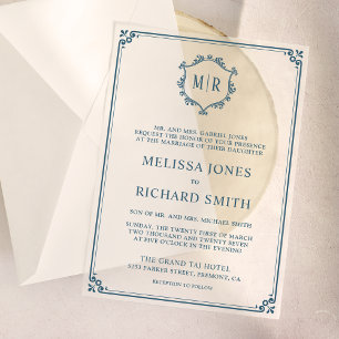 Invitations En Vélin Cadre de blason à monogramme minimal mariage bleu