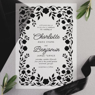 Invitations En Vélin Cadre de mariage à bordure florale ornée noire 