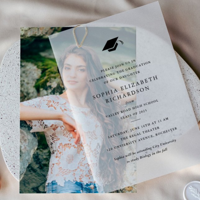 Invitations En Vélin Casquette de grade simple Élégant Graduation (Simple Graduation Invitation Vellum Overlay. Pair with a photo or use on its own.)