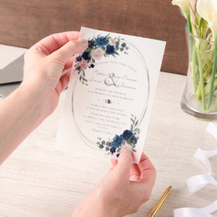 Invitations En Vélin Charm Aquarelle Marine bleu Blush Flowers Mariage
