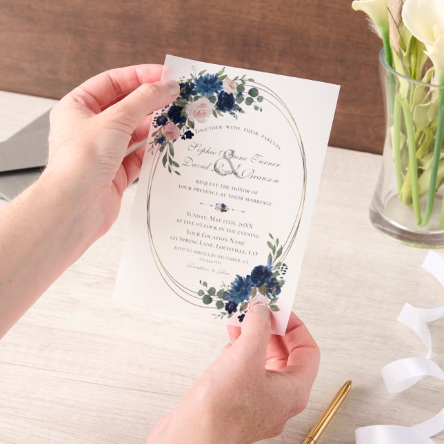 Invitations En Vélin Charm Aquarelle Marine bleu Blush Flowers Mariage (Ordinateur de poche)