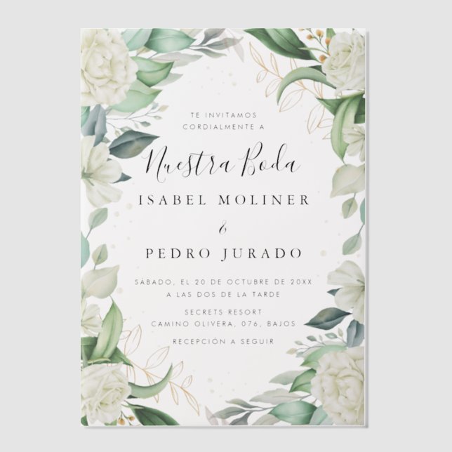 Invitations En Vélin Chic Eucalyptus Roses Blanches Nuestra Boda Mariag (Recto)