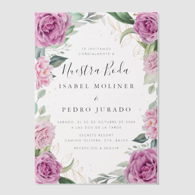 Invitations En Vélin Chic Eucalyptus violet Roses Nuestra Boda Mariage (Recto)