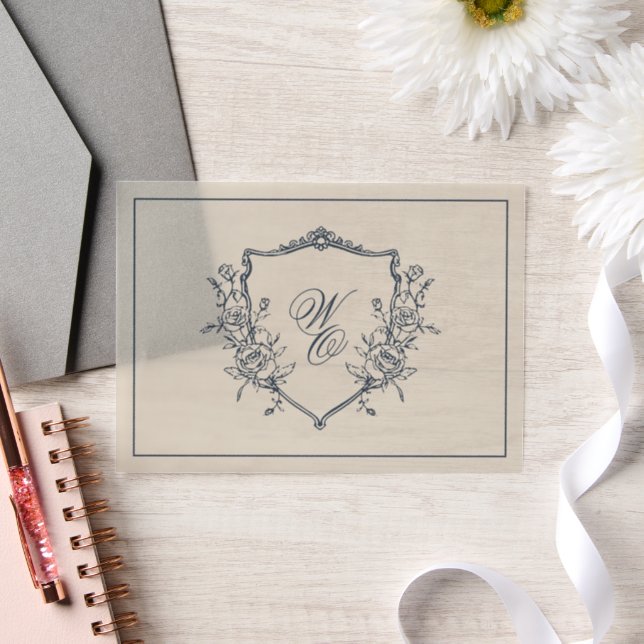 Invitations En Vélin Cimier Floral Marine Monogramme Mariage Superposit (Mariage)