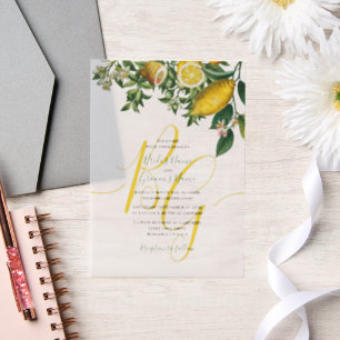Invitations En Vélin Citron jaune rustique et feuillage Mariage de verd