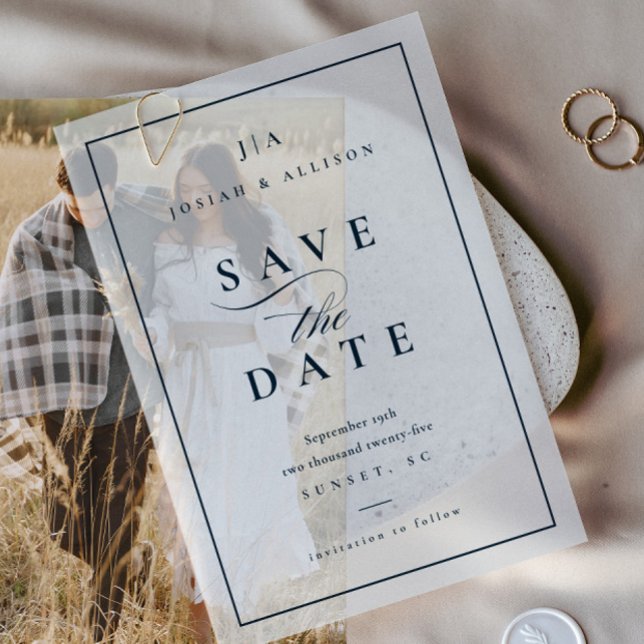 Invitations En Vélin Classique Monogramme Bleu Nuit Mariage Enregistrer (Elegant Classic Monogram Wedding Save the Date Vellum Invitation. Pair with photo or use on its own.)