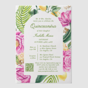 Invitations En Vélin Code QR Fleurs de Peonies Roses Quinceañera Aquare