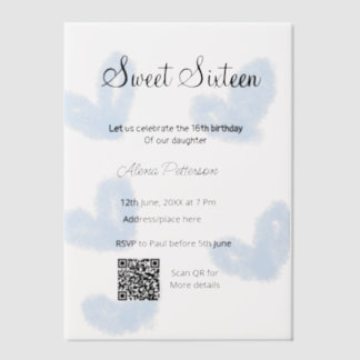 Invitations En Vélin Coeurs d'aquarelle bleu QR Sweet sixteen anniversa
