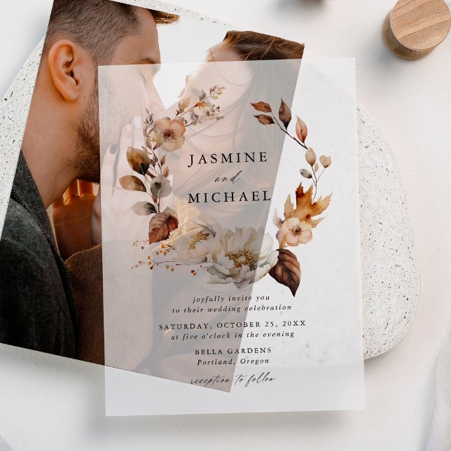 Invitations En Vélin Couronne de fleurs automnales rustique pour mariag (Créateur téléchargé)