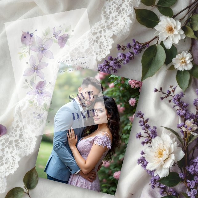 Invitations En Vélin Delicic Floral & Botanique Branche Lumière Violet (Delicate Floral & Botanical Branch Light Purple Wedding Save the Date Overlay Vellum Cards.)