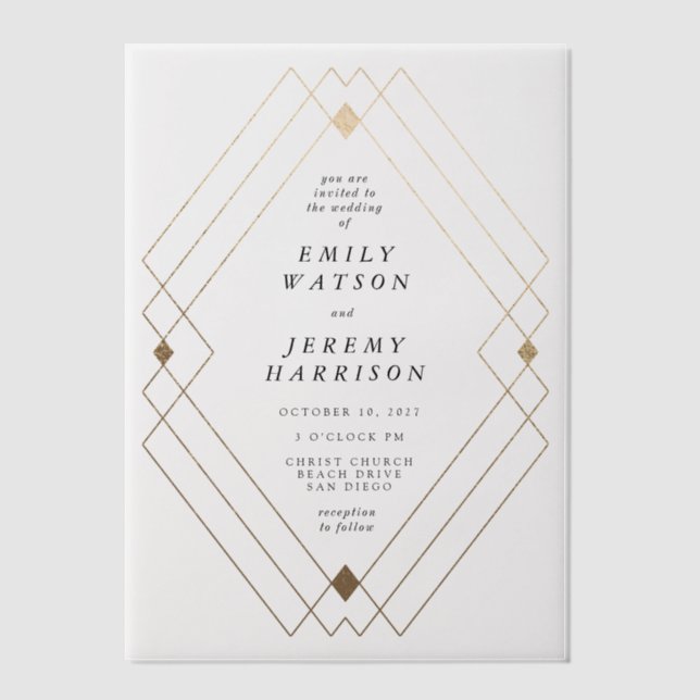 Invitations En Vélin Diamant Or Blanc Géométrique Mariage Gatsby (Recto)
