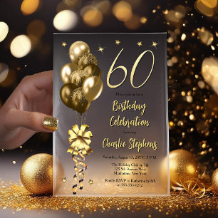 Invitations En Vélin Elégant Ballons d'or sur Black 60th Birthday Party