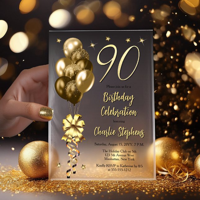 Invitations En Vélin Elégant Ballons d'or sur Black 90th Birthday Party (Elegant Faux Gold Glitter Accented Balloons on Fade to Black Backing 90th Birthday Vellum Invitation)