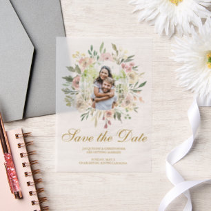 Invitations En Vélin Elégant Blush Pink Gold Floral Photo Enregistrer l