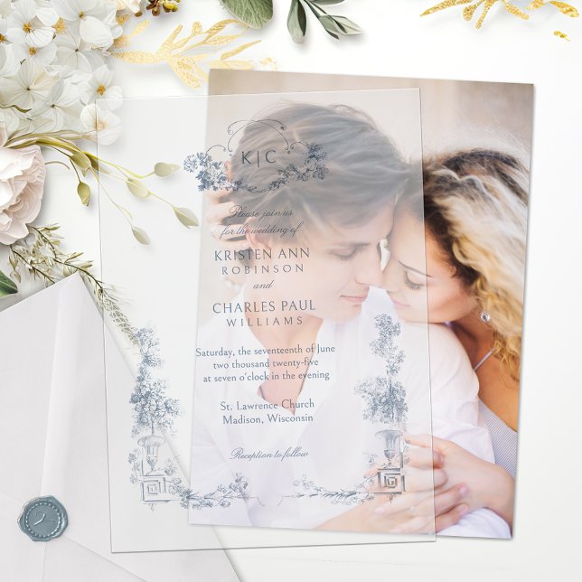 Invitations En Vélin Élégant classique Dusty Bleu Français Floral (Créateur téléchargé)
