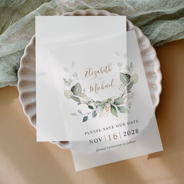 Invitations En Vélin Elégant Eucalyptus Aquarelle Enregistrer La Date (Elevate your save the date announcements with the timeless beauty of vellum overlays)