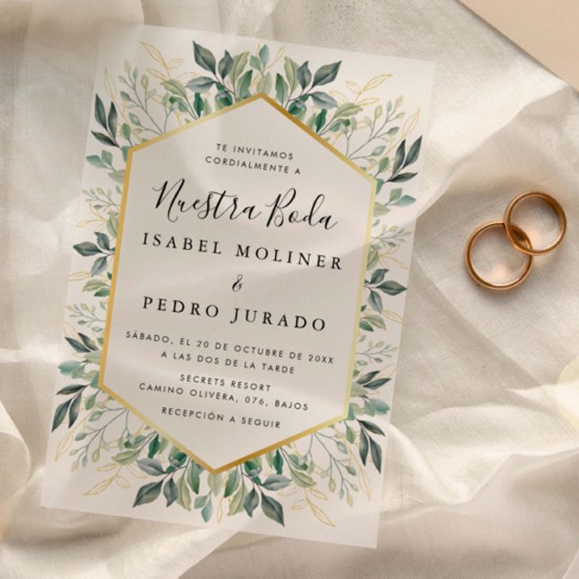 Invitations En Vélin Élégant Feuilles d'or vert Nuestra Boda Mariage (Créateur téléchargé)