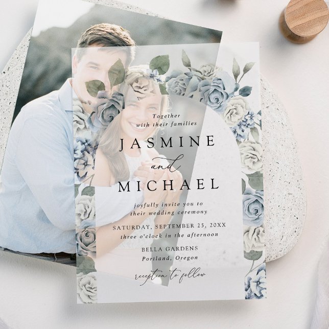 Invitations En Vélin Elégant Mariage à arche bleu floral Dusty (Créateur téléchargé)