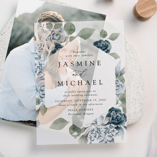 Invitations En Vélin Elégant Mariage à cadre bleu bleu floral (Créateur téléchargé)