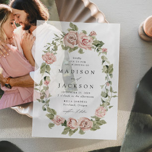 Invitations En Vélin Élégant mariage avec des roses roses et de la verd