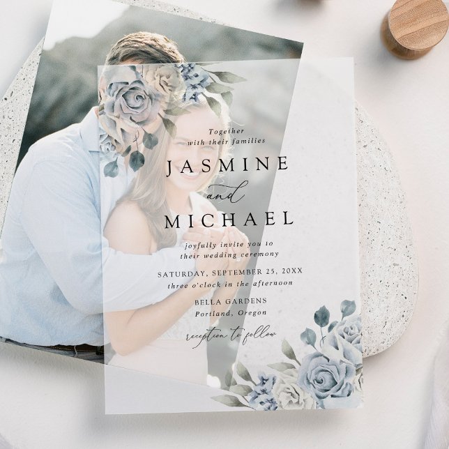 Invitations En Vélin Elégant Mariage bleu bleu bleu bleu floral (Créateur téléchargé)