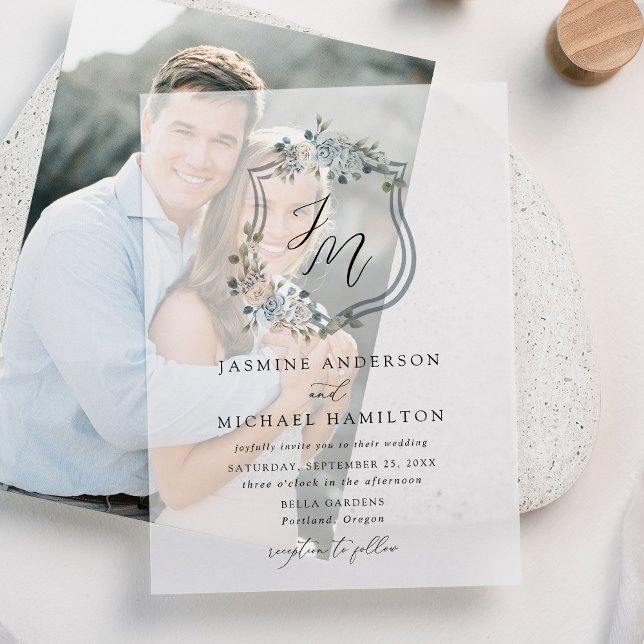 Invitations En Vélin Élégant Mariage de crête florale bleu-dusty (Créateur téléchargé)