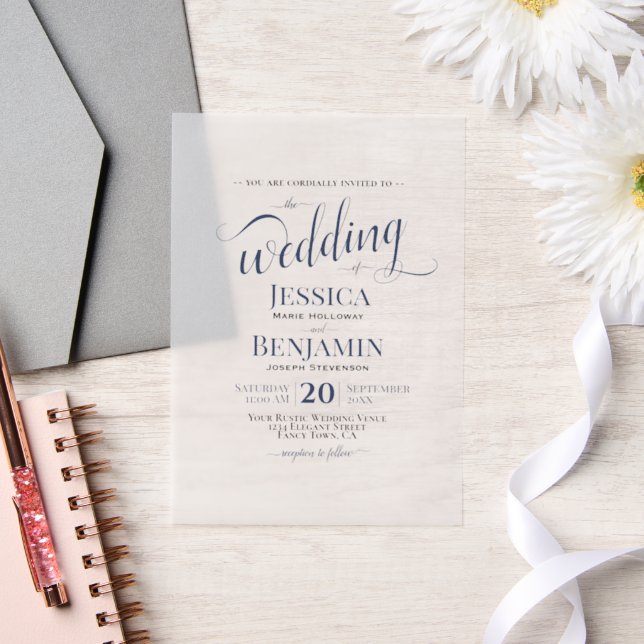 Invitations En Vélin Élégant Mariage de gros noms de script bleu marine (Mariage)