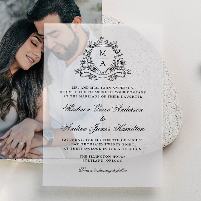 Invitations En Vélin Élégant Mariage de monogramme de crête florale noi (Créateur téléchargé)