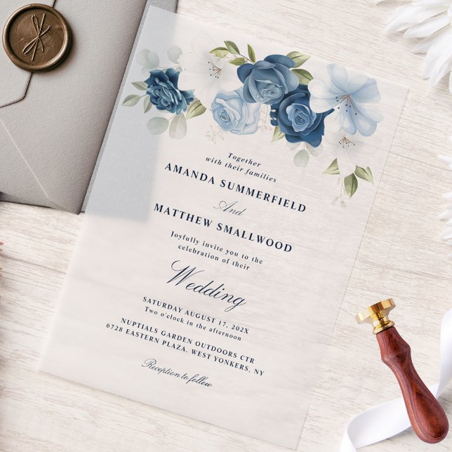 Invitations En Vélin Élégant Mariage de script bleu bleu foncé (Dusty Blue Floral Elegant Typography Wedding Vellum Invitation)