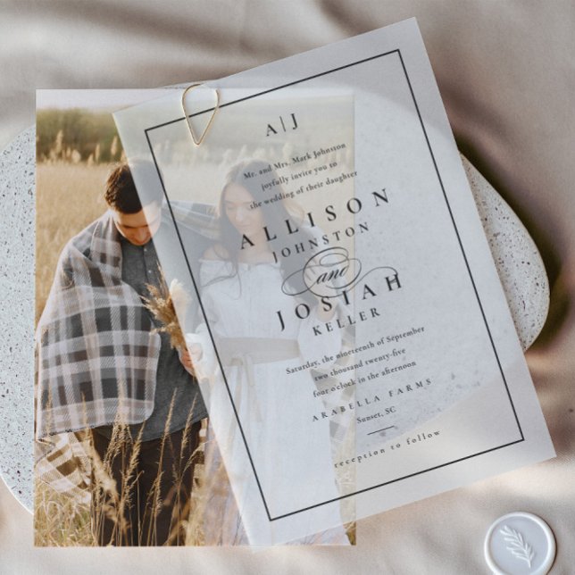 Invitations En Vélin Élégant Mariage de superposition noir et blanc (Elegant Wedding Monogram Classic Formal Vellum Wedding Invitations. Pair with your favorite photo.)