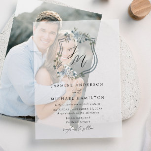 Invitations En Vélin Élégant mariage floral bleu poussiéreux à blason