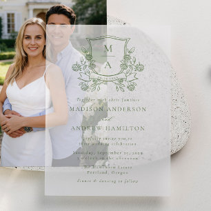Invitations En Vélin Élégant Monogramme de Crête Florale Verte pour Mar