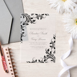 Invitations En Vélin Élégant noir dentelle blanc Damas Mariage