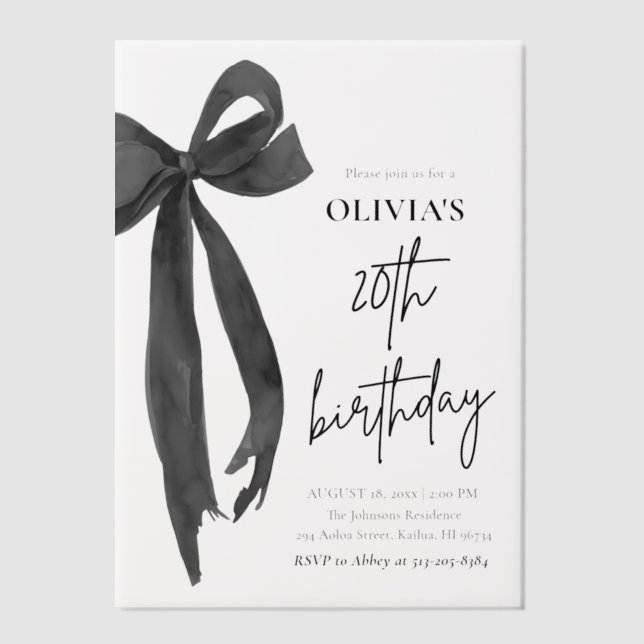 Invitations En Vélin Elégante aquarelle Black Bow 20e fête d'anniversai (Recto)