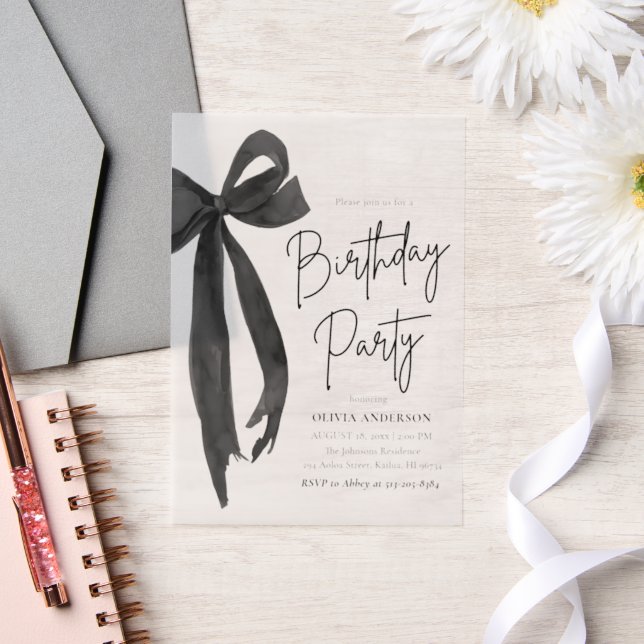 Invitations En Vélin Elégante aquarelle Black Bow fête d'anniversaire (Mariage)