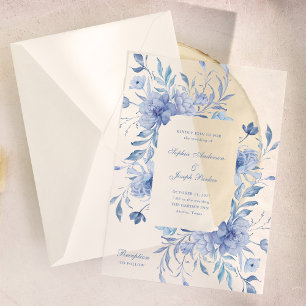 Invitations En Vélin Elégante Dusty Blue Chinoiserie Floral Mariage
