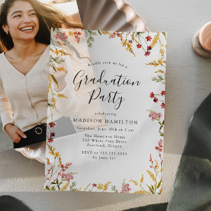 Invitations En Vélin Élégante fête de graduation florale rouge et jaune