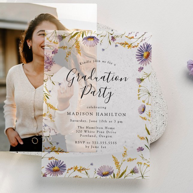 Invitations En Vélin Élégante fête de graduation florale violette et ja (Créateur téléchargé)