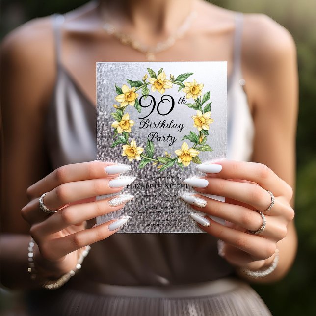 Invitations En Vélin Élégante jonquille jaune Floral 90e anniversaire (Elegant Yellow Daffodils Floral 90th Birthday Party Vellum Invitation)