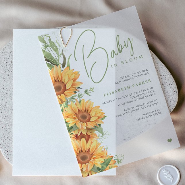 Invitations En Vélin Élégante superposition de baby shower floral scrip (Créateur téléchargé)