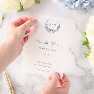 Invitations En Vélin Élégante toile bleue florale Crest Enregistrer la 