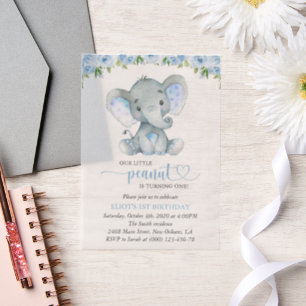 Invitations En Vélin Éléphant, Fleurs Aquarelle Bleue, Premier Annivers