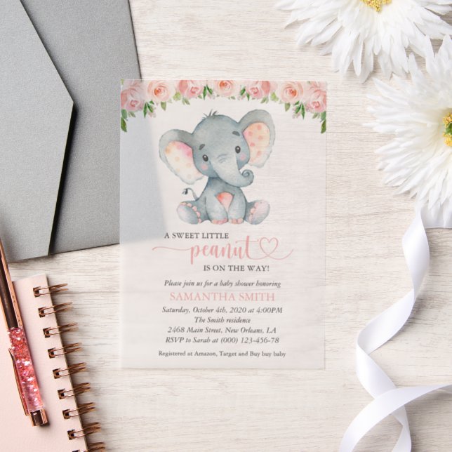 Invitations En Vélin Eléphant, Fleurs d'aquarelle rose, Baby shower (Mariage)