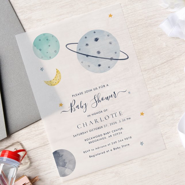 Invitations En Vélin Espace extra-atmosphérique Baby shower moderne (Outer Space Script Baby Shower Vellum Invitation)